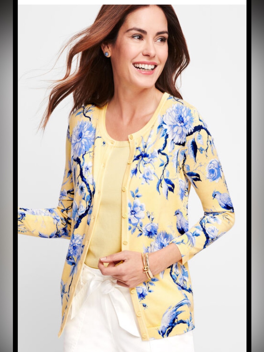 Talbots M Yellow charming Cardigan with Blue Floral toile Print sweater set
